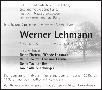 Traueranzeige von Werner Lehmann von Märkische Oderzeitung