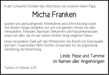 Traueranzeige von Micha Franken von Märkische Oderzeitung