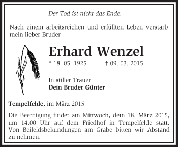 Traueranzeige von Erhard Wenzel von Märkische Oderzeitung