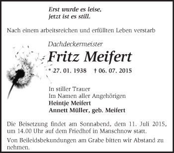 Traueranzeige von Fritz Meifert von Märkische Oderzeitung