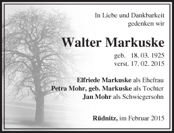 Traueranzeige von Walter Markuske von Märkische Oderzeitung