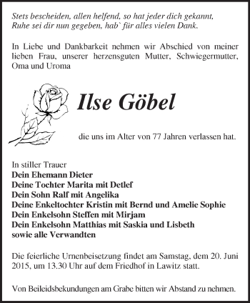 Traueranzeige von Ilse Göbel von Märkische Oderzeitung