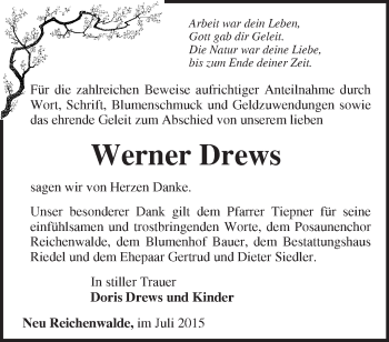 Traueranzeige von Werner Drews von Märkische Oderzeitung