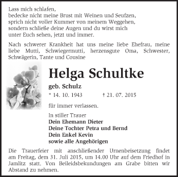 Traueranzeige von Helga Schultke von Märkische Oderzeitung