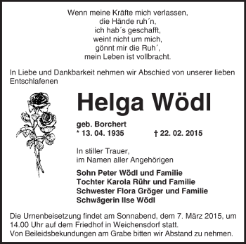 Traueranzeige von Helga Wödl von Märkische Oderzeitung