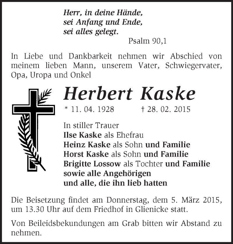  Traueranzeige für Herbert Kaske vom 03.03.2015 aus Märkische Oderzeitung