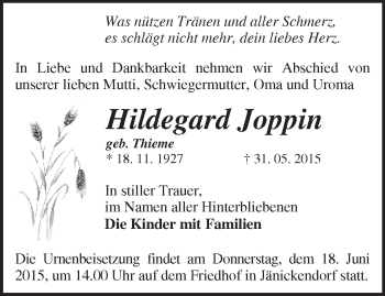 Traueranzeige von Hildegard Joppin von Märkische Oderzeitung