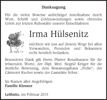 Traueranzeige von Irma Hülsenitz von Märkische Oderzeitung