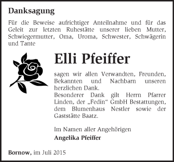 Traueranzeige von Elli Pfeiffer von Märkische Oderzeitung