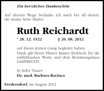 Traueranzeige von Ruth Reichardt von Märkische Oderzeitung