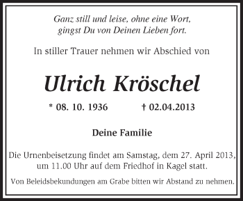 Traueranzeige von Ulrich Kröschel von Märkische Oderzeitung