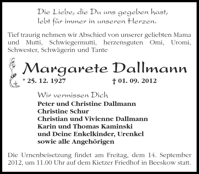  Traueranzeige für Margarete Dallmann vom 08.09.2012 aus Märkische Oderzeitung