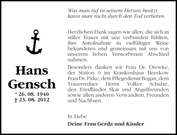 Traueranzeige von Hans Gensch von Märkische Oderzeitung