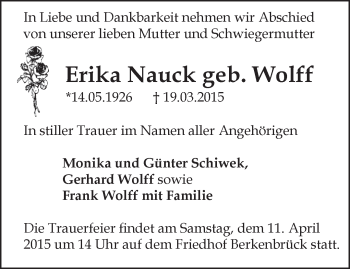 Traueranzeige von Erika Nauck von Märkische Oderzeitung