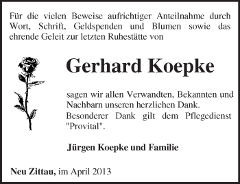 Traueranzeige von Gerhard Koepke von Märkische Oderzeitung