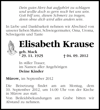 Traueranzeige von Elisabeth Krause von Märkische Oderzeitung