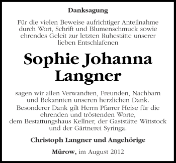 Traueranzeige von Sophie Johanna Langner von Märkische Oderzeitung