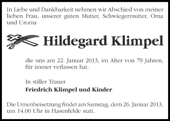 Traueranzeige von Hildegard Klimpel von Märkische Oderzeitung