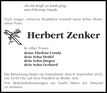 Traueranzeige von Herbert Zenker von Märkische Oderzeitung