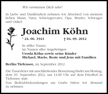 Traueranzeige von Joachim Köhn von Märkische Oderzeitung