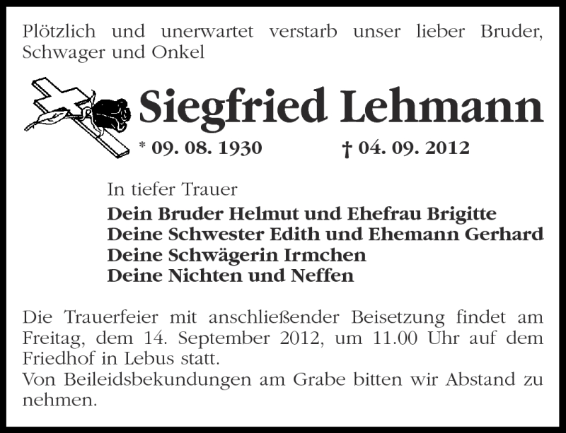  Traueranzeige für Siegfried Lehmann vom 11.09.2012 aus Märkische Oderzeitung