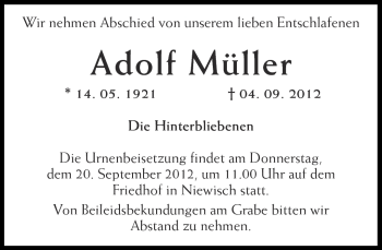 Traueranzeige von Adolf Müller von Märkische Oderzeitung