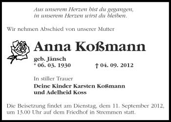 Traueranzeige von Anna Koßmann von Märkische Oderzeitung