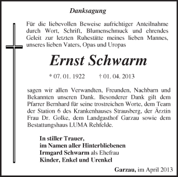 Traueranzeige von Ernst Schwarm von Märkische Oderzeitung