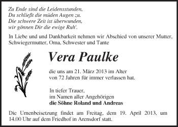 Traueranzeige von Vera Paulke von Märkische Oderzeitung