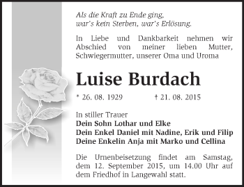 Traueranzeige von Luise Burdach von Märkische Oderzeitung