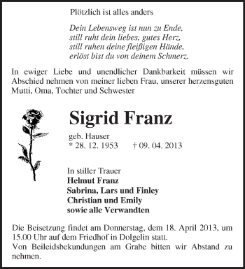 Traueranzeige von Sigrid Franz von Märkische Oderzeitung