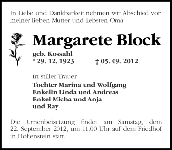 Traueranzeige von Margarete Block von Märkische Oderzeitung