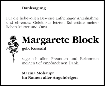 Traueranzeige von Margarete Block von Märkische Oderzeitung