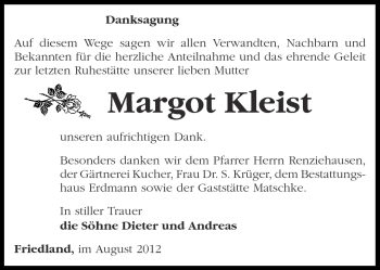 Traueranzeige von Margot Kleist von Märkische Oderzeitung