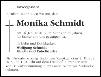 Traueranzeige von Monika Schmidt von Märkische Oderzeitung