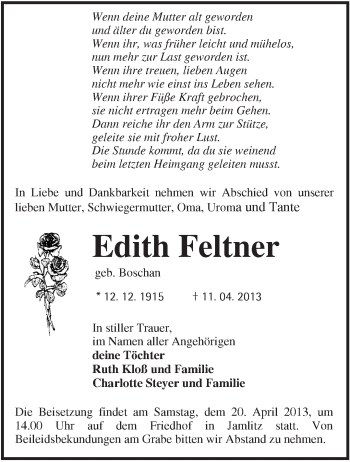 Traueranzeige von Edith Feltner von Märkische Oderzeitung