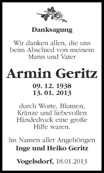 Traueranzeige von Armin Geritz von Märkische Oderzeitung