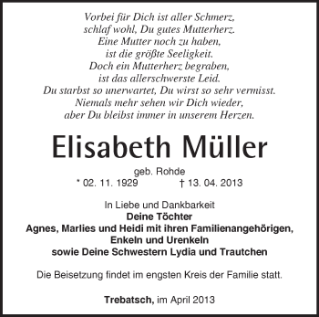 Traueranzeige von Elisabeth Müller von Märkische Oderzeitung