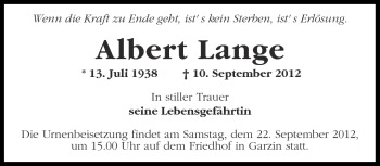 Traueranzeige von Albert Lange von Märkische Oderzeitung