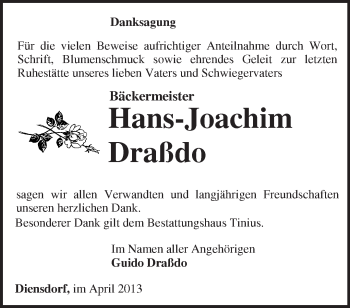 Traueranzeige von Hans-Joachim Draßdo von Märkische Oderzeitung