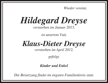 Traueranzeige von Hildegard Dreyse von Märkische Oderzeitung