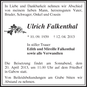 Traueranzeige von Ulrich Falkenthal von Märkische Oderzeitung