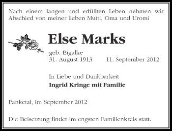 Traueranzeige von Else Marks von Märkische Oderzeitung