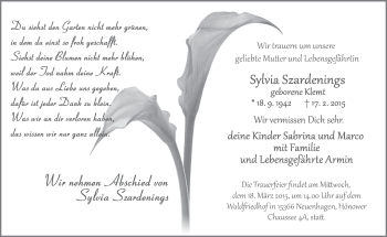 Traueranzeige von Sylvia Szardenings von Märkische Oderzeitung