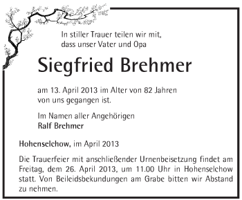 Traueranzeige von Siegfried Brehmer von Märkische Oderzeitung