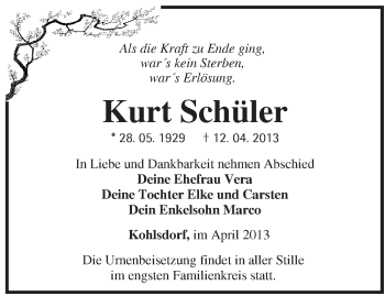 Traueranzeige von Kurt Schüler von Märkische Oderzeitung