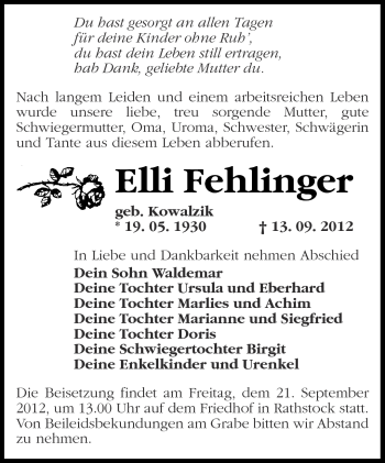 Traueranzeige von Elli Fehlinger von Märkische Oderzeitung