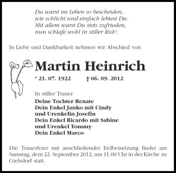 Traueranzeige von Martin Heinrich von Märkische Oderzeitung