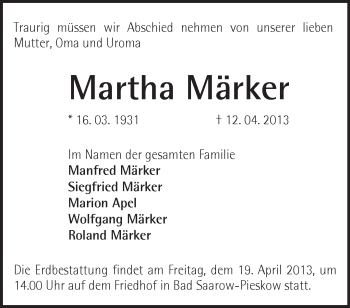 Traueranzeige von Martha Märker von Märkische Oderzeitung