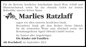 Traueranzeige von Marlies Ratzlaff von Märkische Oderzeitung